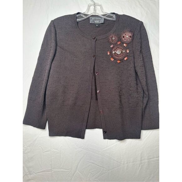 Gorgeous St. John Floral Accented Brown Cardigan, Size Small - Picture 1 of 8